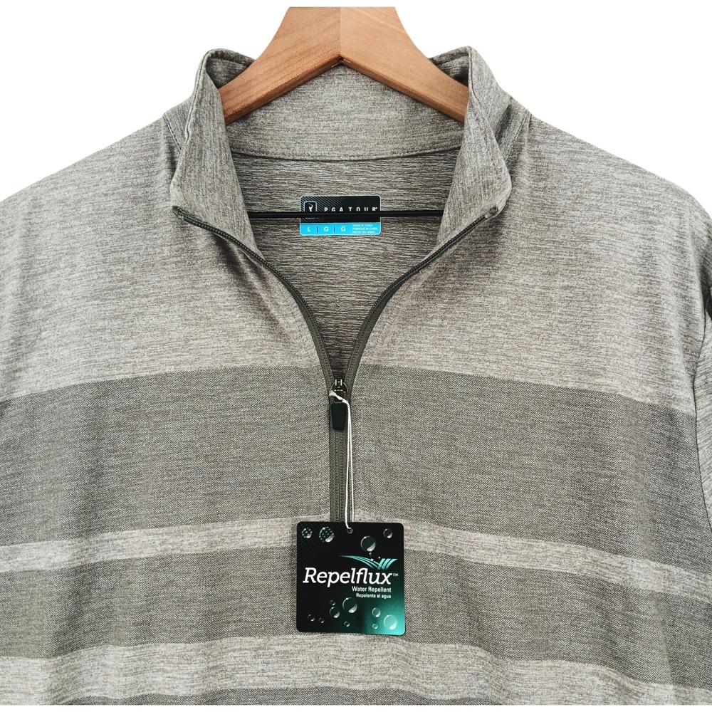PGA Tour Golf Sweater Mens Large Grey Striped Peformance 1/4 Zip Wicking NEW
